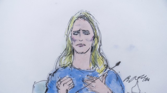 Prozess gegen Harvey Weinstein: Die Skizze aus dem Gerichtssaal zeigt Jennifer Siebel Newsom, Dokumentarfilmerin und Ehefrau des kalifornischen Gouverneurs Gavin Newsom, bei ihrer Aussage im Prozess gegen Harvey Weinstein in Los Angeles.