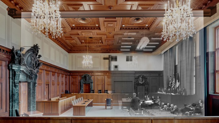 Nürnberger Prozesse: Eine Medieninstallation im historischen Saal 600 in Nürnberg schafft eine virtuelle Illusion davon, wie der Saal zur Zeit der Nürnberger Prozesse aussah. Links im Bild die heutige Ausstattung, rechts jene im Jahr 1945/46.