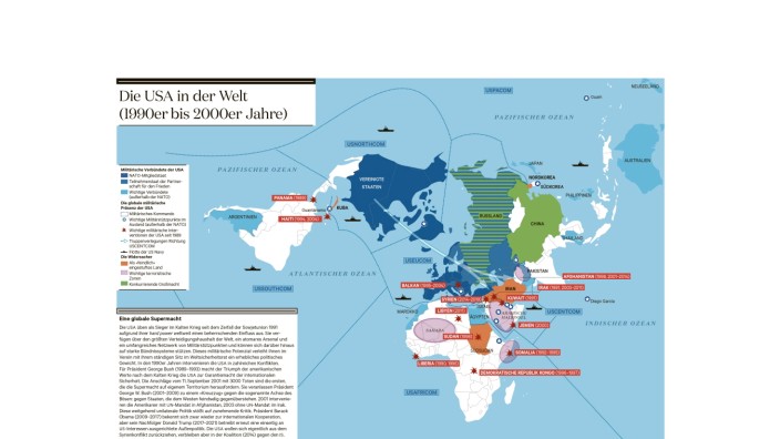 Das Politische Buch: Ausschnitt Karte aus dem o.g. Buch: Die USA in der Welt (1990er bis 2000er Jahre)