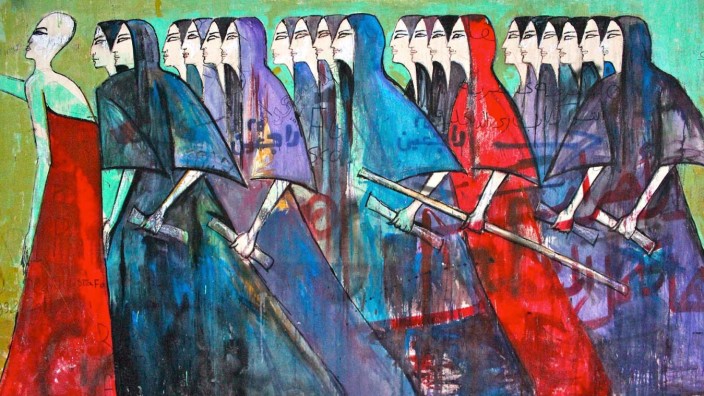 Ausstellung: Das Markenzeichen der Wandgemälde von Alaa Awad sind die "Marching Women".