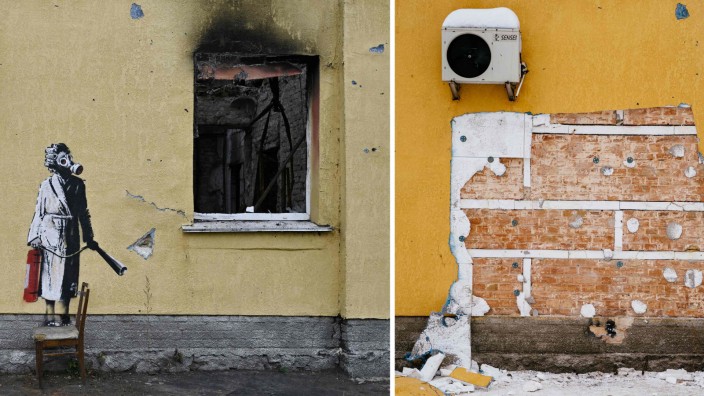 Ukraine: Die Wand, auf der das Banksy-Werk prangte, vor und nach dem Diebstahl.