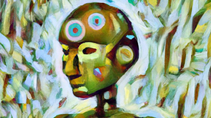 Künstliche Intelligenz: Künstliche Intelligenzen können auch malen, sogar Selbstporträts. Dieses wurde mit der KI-Software Dall-E erzeugt und trägt den Titel: "A colored painting of artificial intelligence".