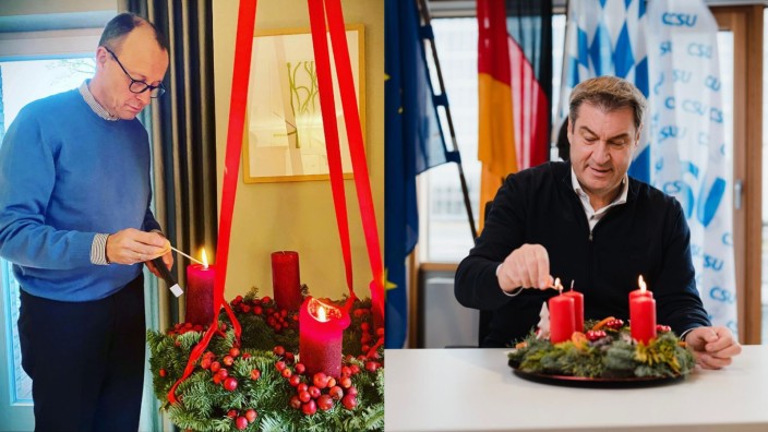 Adventskränze und Politiker: Friedrich Merz hängt den Adventskranz unter der Decke auf, der dann auf Bauchhöhe baumelt, und Markus Söder zündet einfach alle Kerzen an einem Tag an.
