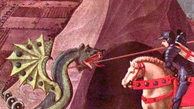 Frage der Woche: Der Heilige Georg kämpft gegen den Drachen. Das Bild aus dem 15. Jahrhundert zeigt das Tier mit zwei Beinen, Flügeln und einem schlangenähnlichen Körper.