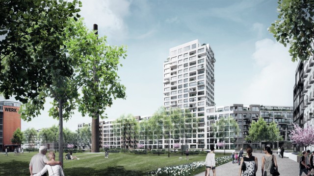 Immobilien in München: Das Projekt "One Rock" im Werksviertel wird weithin sichtbar sein: Das Archivbild zeigt nur in etwa, wie das Gebäude aussehen soll. Eine Simulation des aktuellen Planungsstands liegt noch nicht vor. Im Vordergrund ist der geplante zentrale Park zu sehen.