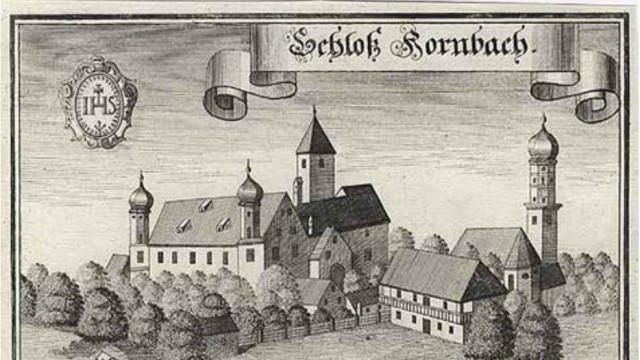Jahrbuch des Historischen Vereins: Ein Stich des Schlosses Hornbach von Michael Wenning, circa 1700. Das Klostergut wurde 1781 die Kommende des Joseph Graf von Lodron und brachte 5000 Gulden jährliches Gesamteinkommen ein.