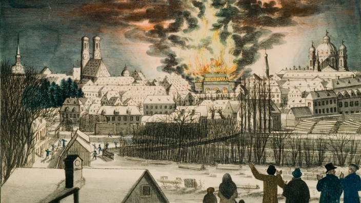 Großbrand in München 1823: Eine Feuersäule steigt über dem Nationaltheater in die Luft. Auf der Lithografie von Peter Ellmer ist das dramatische Ereignis vom Gasteigberg aus zu sehen.