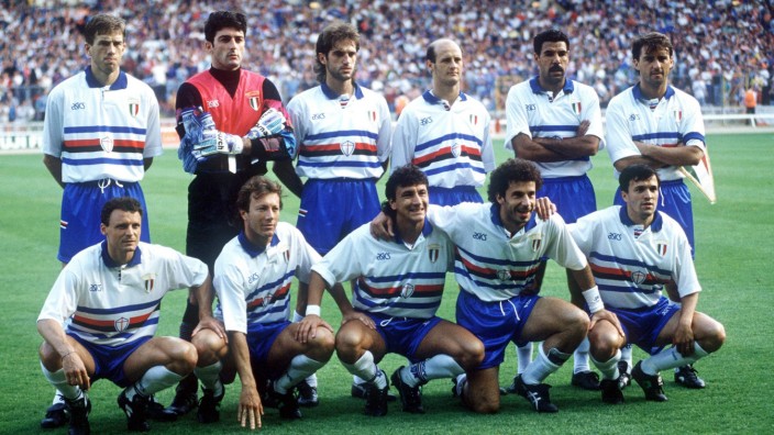 Doping im Fußball: Die Mannschaft von Sampdoria Genua vor dem Finale im Europapokal der Landesmeister 1992: Roberto Mancini (hinten, ganz rechts) und Gianluca Vialli (vorne, zweiter von rechts).