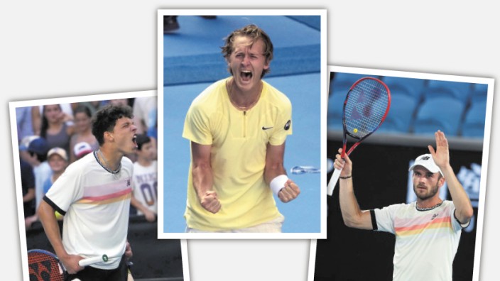 Tennis: Gleich drei US-Trümpfe im Viertelfinale von Melbourne: Ben Shelton, Sebastian Korda und Tommy Paul (v.l.) knüpfen an Zeiten an, in denen Andre Agassi noch spielte.