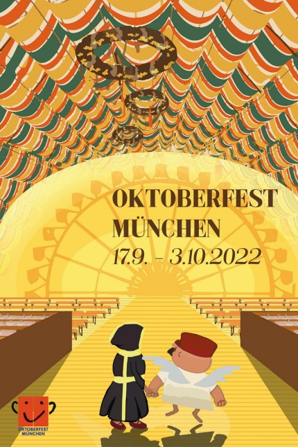 Oktoberfestplakat 2023: 2022: Engel Aloisius und das Münchner Kindl Hand in Hand - so wurde die Comeback-Wiesn nach zwei Jahren Corona-Pause beworben.