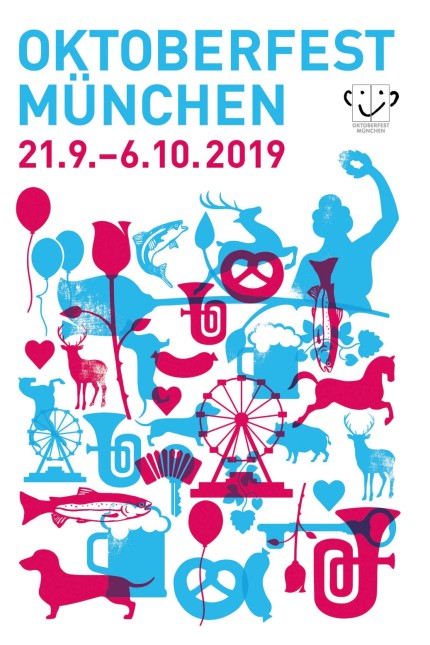 Oktoberfestplakat 2023: 2019: Auffallend viele Tiere, schematisch dargestellt in blauen und roten Schattenrissen.