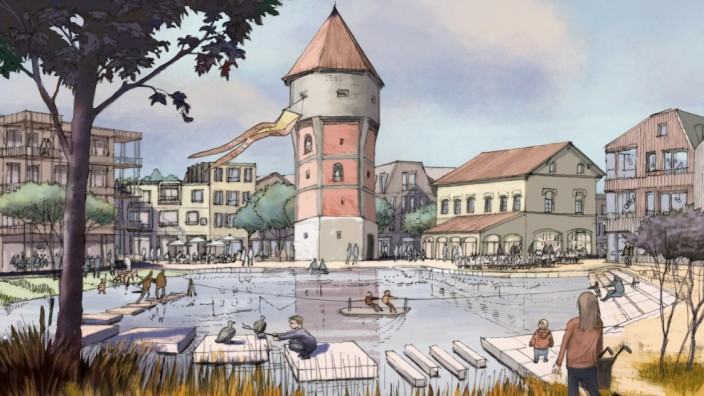 Ortsentwicklung Kirchseeon: Der neue Entwurf rückt nun den historischen Wasserturm ins Zentrum. Außerdem haben die Planer zu dessen Füßen einen kleinen See angelegt.