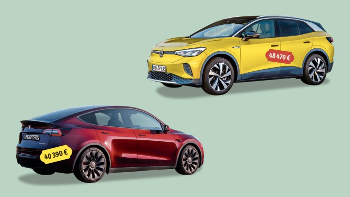 Elektroautos: Ähnliche Autos - verschiedene Preise: Der VW ID.4 GTX (oben) ist 20 Prozent teurer als Teslas Model Y.