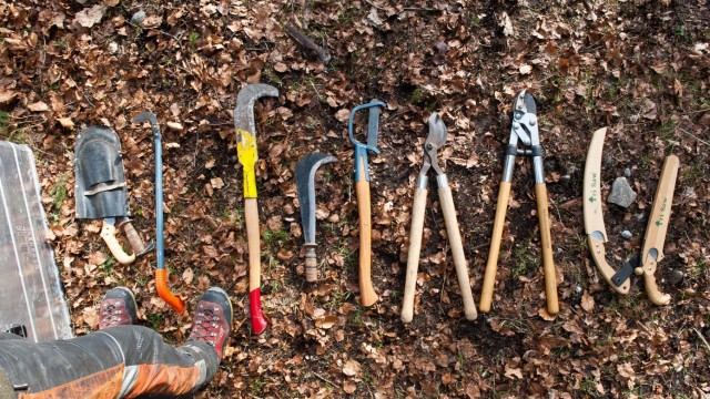 Weltfrauentag Moosach: Die Auswahl an Werkzeug zur Waldbearbeitung ist groß, die Vorlieben verschieden, aber aufpassen muss man immer.