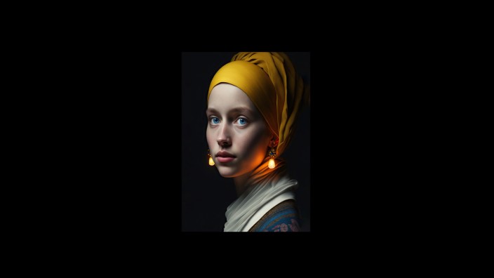 GPT-4: So schaut's aus: KI-generiertes Bild frei nach Vermeer, das im selben Museum hängt wie das Original.