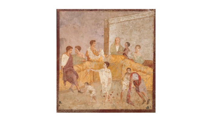 Malerei aus Pompeji: Wandmalerei mit Bankett-Szene aus einer Villa in Pompeji.
