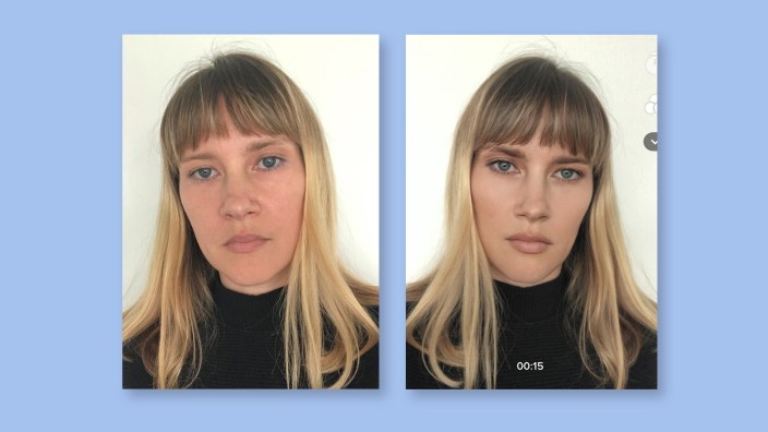Digitale Bildmanipulation: Links ein simples Foto, rechts eine Aufnahme mit der Tiktok-Anwendung "Bold glamour", die Nutzer derzeit auch zum Weinen bringt.