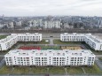 RUSSIA, DONETSK PEOPLE S REPUBLIC - DECEMBER 21, 2022: A panoramic view shows new apartment buildings put up at the int