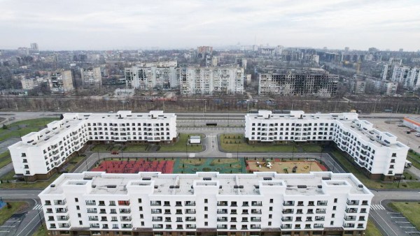 RUSSIA, DONETSK PEOPLE S REPUBLIC - DECEMBER 21, 2022: A panoramic view shows new apartment buildings put up at the int