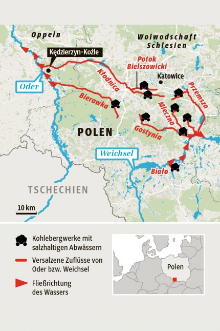 Naturkatastrophe: Abwasser aus zahlreichen schlesischen Kohlebergwerken führt zu einer Versalzung des Flusswassers bis zur Ostsee.