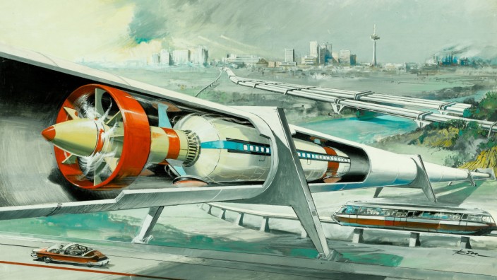 Ausstellung "Futurails": So hat sich der amerikanische Think Tank Rand Corporation einmal die Zukunft des Zugverkehrs vorgestellt, illustriert von Günter Radtke.