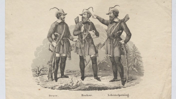 Historie: Kämpfer der ersten Stunde: Gustav von Struve, Friedrich Hecker, Reinhard von Schimmelpfennig in einer zeitgenössischen Darstellung (von links).