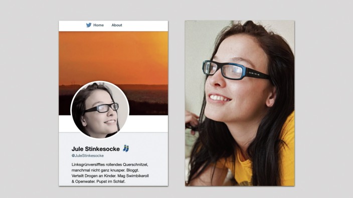 Fake-Vorwürfe: Links ist ein Profilbild von "Jule Stinkesocke" zu sehen, das sie früher auf Twitter nutzte, rechts eine australische Pornodarstellerin.