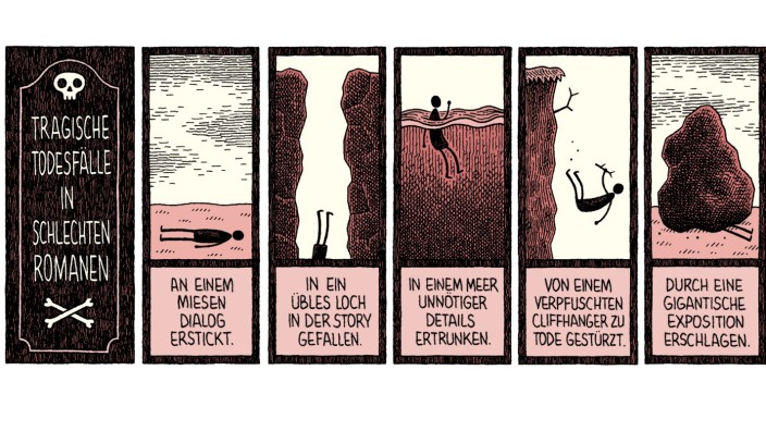 Cartoons von Tom Gauld : Holzschnittartige Zeichnungen und ein extratrockener Humor: Sequenz aus "Die Rache der Bücher".