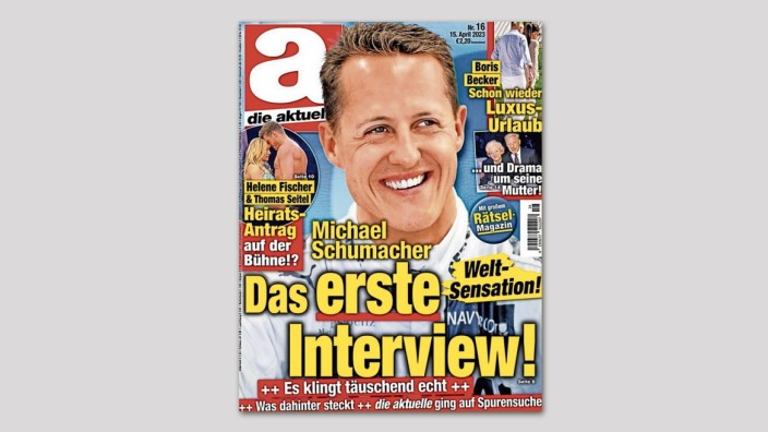 Presserat: "Michael Schumacher: Das erste Interview!": So bewarb "Die Aktuelle" auf dem Cover vom 15. April eine Handvoll KI-generierter Antworten.