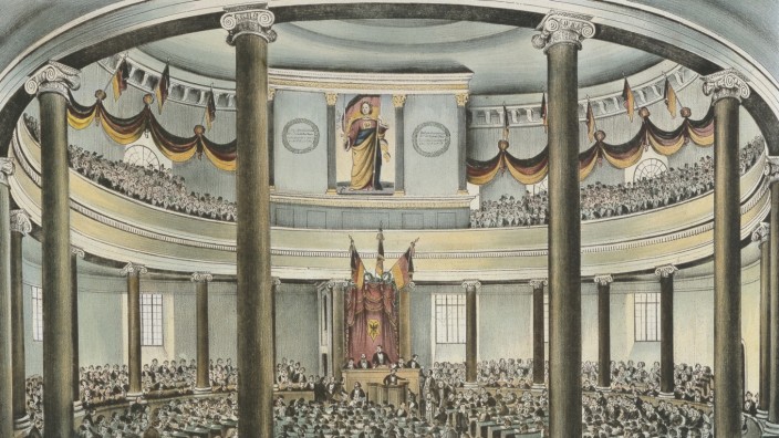 Geschichte: Traditionsstiftend: Sitzung der gewählten Nationalversammlung in der Frankfurter Paulskirche 1848.