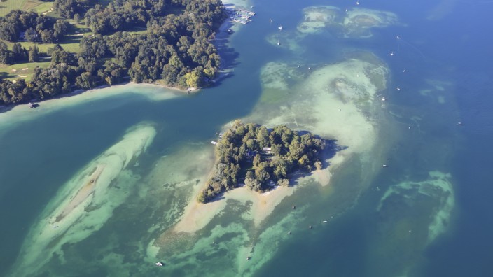 Luftaufnahme von der Roseninsel im Starnberger See; service
