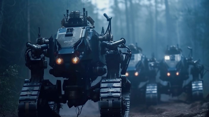 Technologie: Fiktive KI-Kampfroboter Panzer auf einem verbrannten Schlachtfeld eines Krieges der Zukunft, generiert von Künstlicher Intelligenz.