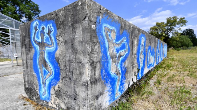 Ehemalige Gärtnerei Demmel: ...so auch blau umrahmte Wesen an einer Betonmauer...