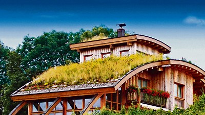 Bepflanzte Dächer: Gras und Sträucher können auch verhindern, dass es auf dem Hausdach allzu heiß wird.