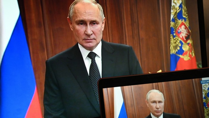Russland: Wladimir Putin bei seiner Fernsehansprache nach der Niederschlagung des von Jewgenij Prigoschin geführten Aufstandes der Wagnergruppe.