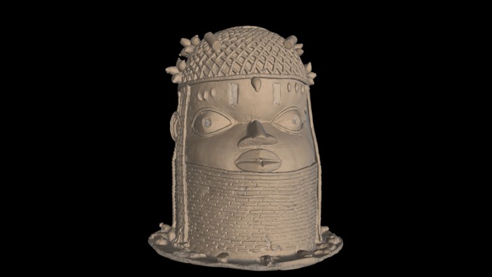 Benin-Bronzen zu Untersuchungen in Fürth: Das Rendering zeigt einen sogenannten Gedenkkopf eines Königs. Entstanden ist die Plastik im 18. Jahrhundert im Königreich Benin, dem heutigen Nigeria.