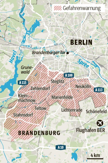 Brandenburg: Im eingezeichneten Gebiet wurden die Anwohner über die Warnapp "Nina" über die Löwin informiert.