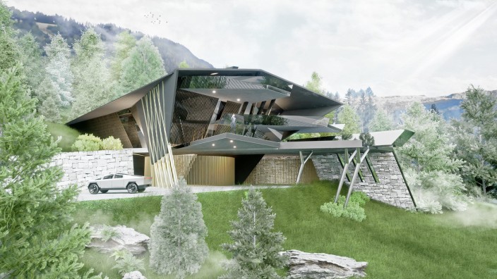 Elon Musk in Südtirol: Auf den Entwürfen wirkt das Haus etwas windschief, der Architekt spricht von "dynamischer Architektur". Und Elon Musk soll es auch gefallen haben.
