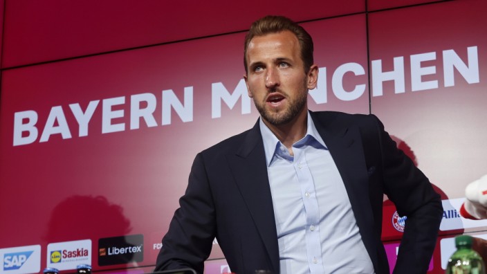 Vorstellung von Bayern-Stürmer Kane: Harry Kane während seiner Vorstellungs-Pressekonferenz in München.