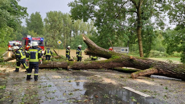 Unwetter über dem Landkreis Freising: Die Folgen des Unwetters hielten die Feuerwehren bis weit in die Nacht auf Trab. Unter anderem hatte bei der Zufahrt nach Dürnast ein Baum die Fahrbahn blockiert.