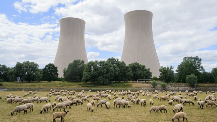 Energie: Schafe grasen vor dem stillgelegten Atomkraftwerk Grohnde in Niedersachsen.