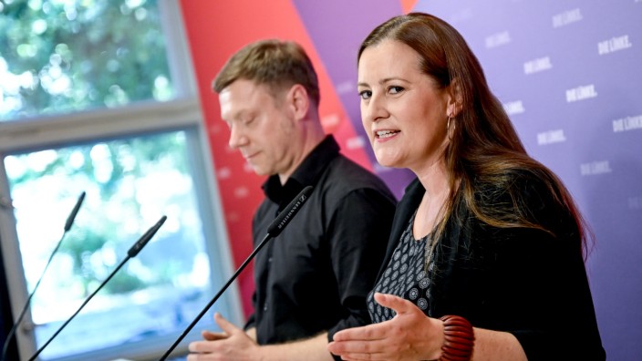 Europa-Wahlprogramm: Die Parteivorsitzenden Janine Wissler und Martin Schirdewan stellen den Entwurf für das Europa-Wahlprogramm der Linken in Berlin vor.