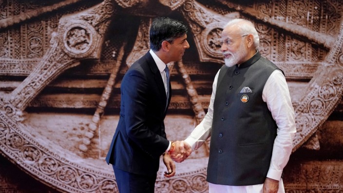 Großbritannien: Rishi Sunak und Narendra Modi beim G-20-Gipfel. In Delhi konnte man beobachten, wie sehr Großbritanniens Premier darauf bedacht ist, Indien zu umgarnen.