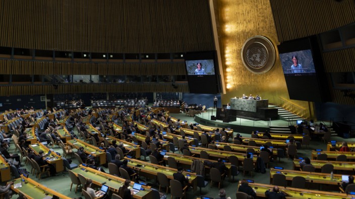 Generalversammlung: Die Vereinten Nationen tagen diese Woche in New York. Das Bild stammt von einer Dringlichkeitssitzung im März 2022, bei der sich auch Außenministerin Annalena Baerbock zum Krieg in der Ukraine äußerte.