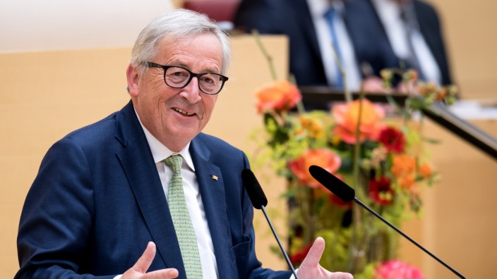 Geschichte: Jean-Claude Juncker, Präsident der Europäischen Kommission, spricht im Juni 2018 im bayerischen Landtag während einer Plenarsitzung. Am gleichen Ort wurden bereits im Juni 1948 die Weichen für eine moderne Europapolitik des Freistaats gestellt.