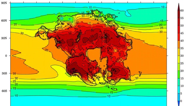 Klima: Das Bild zeigt die wärmste monatliche Durchschnittstemperatur auf dem Superkontinent Pangaea Ultima, wie er in etwa 250 Millionen Jahren aussehen könnte.