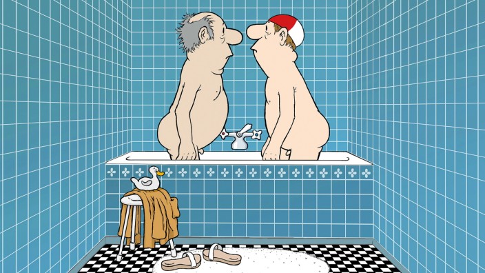Oktoberprogramm: "Die Ente bleibt draußen!" Zwei Herren im Bade - einer der großartigen Loriot-Klassiker.