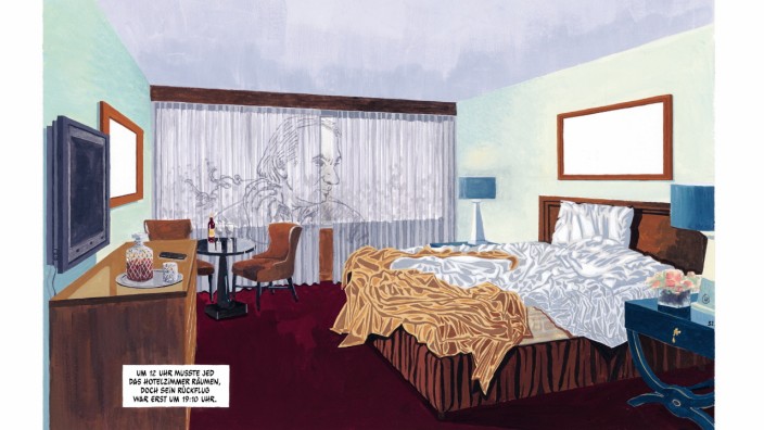 "Karte und Gebiet" als Graphic Novel: Wie eine Vision oder Projektion oder die Skizze eines Malers erscheint der Schriftsteller Michel Houellebecq auf dem Vorhang von Jeds Hotelzimmer.