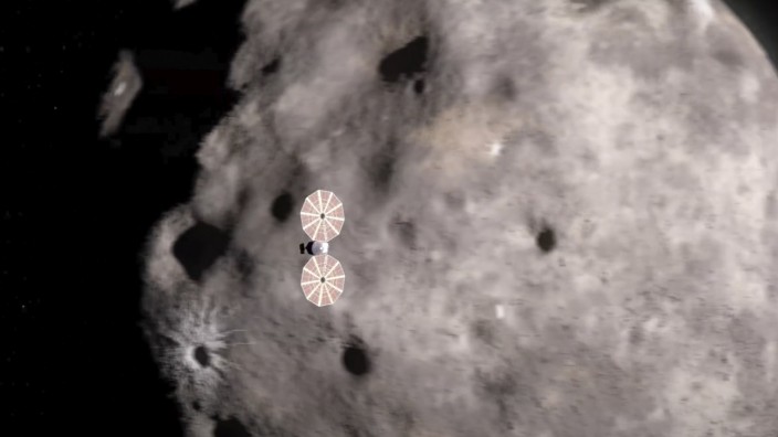 Vorbeiflug am Asteroiden "Dinkinesh": Das Standbild aus einer Präsentation der Nasa zeigt die Annäherung der Raumsonde "Lucy" an einen Asteroiden "Dinkinesh"