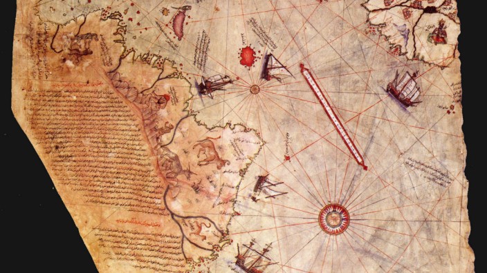 Dem Geheimnis auf der Spur: Ein Ausschnitt aus der Weltkarte von Piri Reis. Links sind die Umrisse Südamerikas gut zu erkennen.